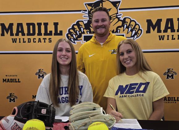 Ireland Groeber and Dahlia Marris both signed their college letters of intent. They are pictured with Madill softball head coach Jared Hayes. Courtesy photo
