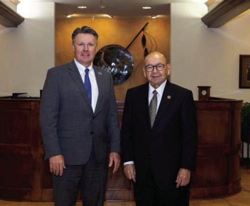 Chickasaw Nation Governor Bill Anoatubby, right, and Murray State College President Dr. Tim Faltyn recently signed documentation to acknowledge their respective institutions’ partnership in a USDA Climate-Smart grant. Courtesy photo