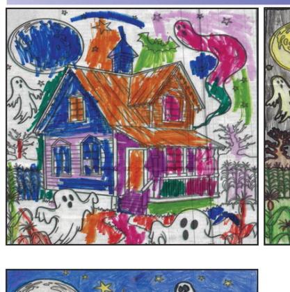 The first-place winners of our Halloween coloring page contest were Isaac Neeley in the 3-5 years category (top left); Sailor Simon, 6-8 years category (top right); and Heidi Neeley, 9-12 years category (bottom left).
