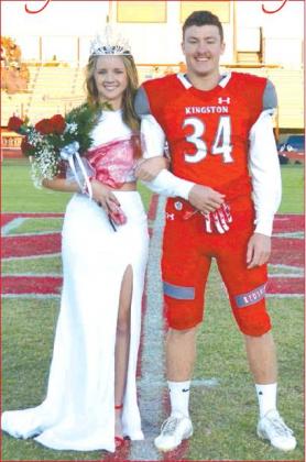 Matt Caban • The Madill Record Senior Abigail Hawkins (left) was named Kingston High School’s 2019 Homecoming Queen during a ceremony Oct. 11 before the Coalgate-Kingston football game. She was escorted by senior Tanner Showalter (right).