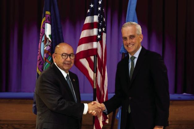 Chickasaw Nation Governor Bill Anoatubby and U.S. Department of Veterans Affairs Secretary Denis McDonough at a recent roundtable discussion with VA officials and Oklahoma tribal leaders in Oklahoma City. Courtesy photo
