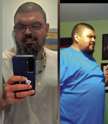 Mike Carrillo demonstrates the weight loss benefits of a plant-based diet with before (right) and after (left) photos. Courtesy photo
