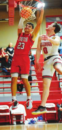 Brady Brister makes a slam dunk during the Kingston v Sulphur game on February 5, 2021. Crockett Uber