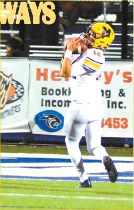 Tony McSwain • Courtesy Photo Madill senior running back Mateo Fajardo (12) catches a 28-yard touchdown pass from senior quarterback Asa Robertson in the second quarter of Madill’s 37-6 win over Harrah. The Wildcats’ record improved to 2-4 with the win while the Panthers fell to 1-5.