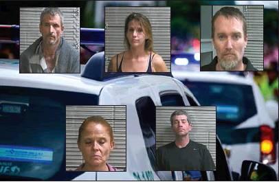 Courtesy Photo Joshua Goodman, Alexis Goodman, Steven Henderson, Edie Robins, and Matthew Stuckey were arrested on Nov. 19 during a drug bust at a residence in Madill. Officers worked off of a tip about a drug house.