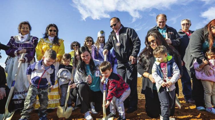 Courtesy photo On March 3, 2020, children from the nearby child care center assist Chief Gary Batton, councilmembers and Choctaw Elders with the Choctaw Nation Child Care groundbreaking ceremony.