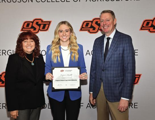 Pictured left: Dr. Cynda Clary, associate dean, Ferguson College of Agriculture, Hayden Harper, Dr. Jayson Lusk, vice president and dean, OSU Agriculture. Pictured right: Dr. Cynda Clary, associate dean, Ferguson College of Agriculture, Peyton Arnold, Dr. Jayson Lusk, vice president and dean, OSU Agriculture. Courtesy photos