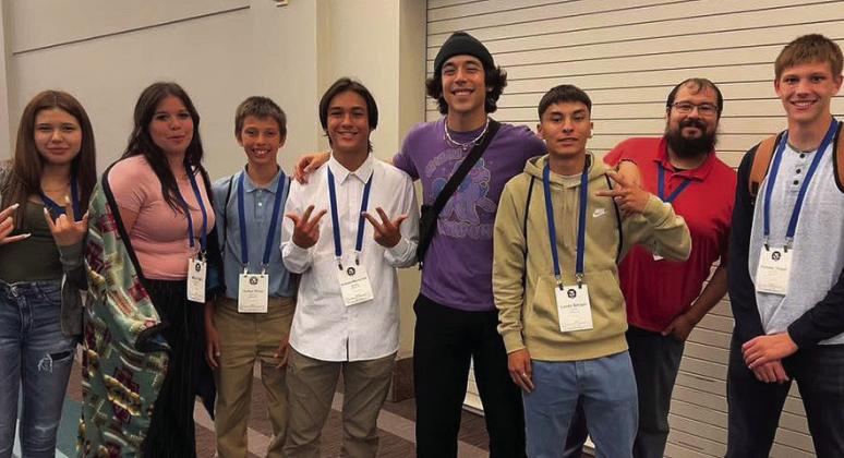 Forrest Yegge, far right, joins a group of First Americans students taking part in the 2022 United National Indian Tribal Youth Conference held in Minneapolis, Minnesota. Next to Yegge is Jerry Crowshoe, a group coordinator of the Spokane Tribe of Indians and fourth from right, is Mato Wayuhi, composer of music for the television show “Reservation Dogs.” Courtesy photo