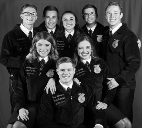 Front Row, Left to Right: Joseph David, central area V.P., Washington; Cade Jenlink, northwest area V.P., Timberlake; Krista Carroll, southeast area V.P., Tishomingo; Tanner Taylor, northeast area V.P., Oklahoma Union; and Bryce Waugh, southwest area V.P., Tipton. Back Row, Left to Right: Courtney Tillinghast, state reporter, Owasso; Drew Hardaway, state president, Battiest; and Emily Kennedy, state secretary, Edmond. Courtesy photo