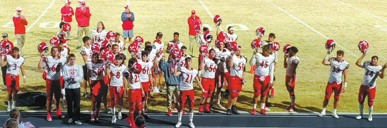 The Kingston Redskins celebrate the end to a perfect regular season at Dickson singing the fight song Thursday night, November 5, 2020. Michael Haggerty • The Madill Record
