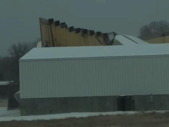 Pictured top: Ice from Wnter Storm Fern made the roof of the Stryve plant collapse, leaving many Marshall County residents unemployed. Pictured below: The canopy on the Madill Mart gas pumps also buckled from the weight of the ice. Courtesy photos