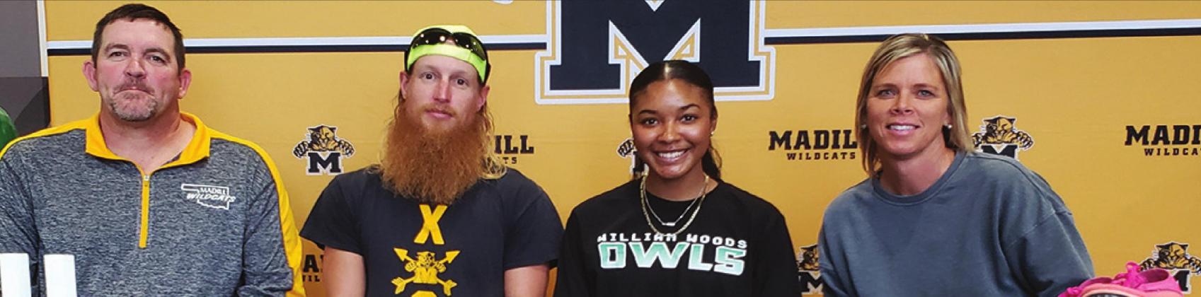 Madill girls basketball head coach Shawn Runyan, cross country head coach Cale Eidson, Joslyn Stumblingbear and cross country and track assistant coach Brenda McHatton pose after Joslyn signs her letter of intent. Courtesy photo