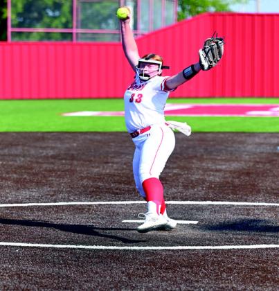 The Lady Redskins won 16-9 over Latta during their Monday night home game. Pictured left: Gracie Bridgman winds up for a winning pitch. Pictured right: Emma Bridgeman runs for a catch.