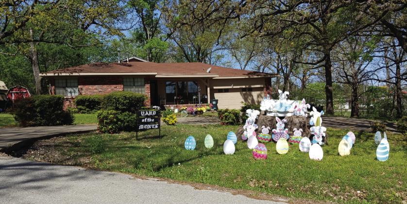 The Madill Rose Garden Club's April Yard of the Month is Shelly and Paul McClendon's house. Shelly's mother, Lorraine Bolt, is a resident there, as well. The house is located on Phillips going into Taliaferro Acres. They have beautiful flowers in front of the house with bunnies and other Easter decorations in the front yard. Courtesy photo
