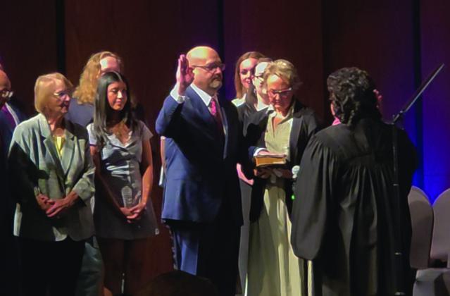Chickasaw Nation Governor Chris Anoatubby gets sworn in at a ceremony on June 26. Shalene White • The Madill Record