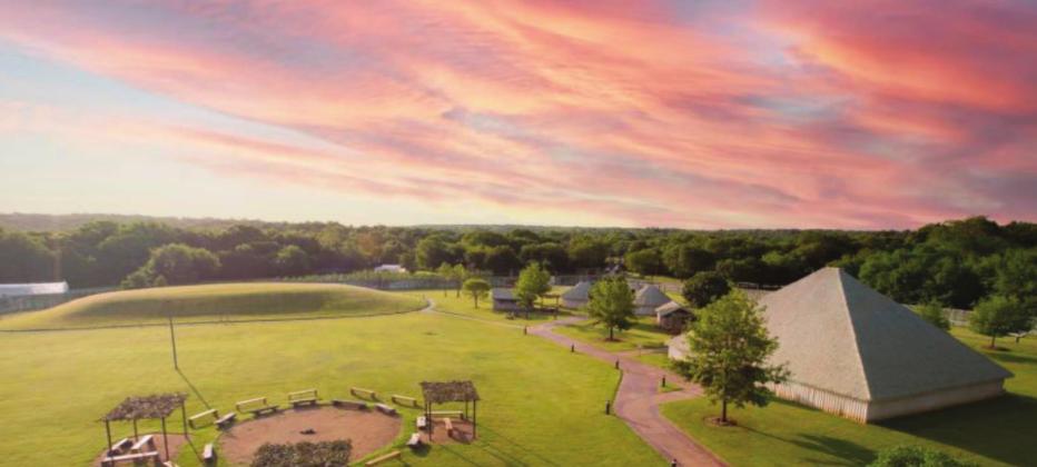 The traditional Chickasaw village is one of the exhibits available at the Chickasaw Cultural Center in Sulphur, Oklahoma. The realization of a long-held goal of the Chickasaw people, building the cultural center took a unifi ed effort among the Chickasaw Nation, National Park Service and the local community. Chickasaw Nation photo. Courtesy photo