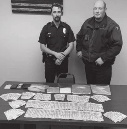 Madill Officer Gannon Reid and Sergeant Andrew Adams arrested David Johnson after a traffic stop and subsequent search yielded over nine ounces of Meth and $3297.10 in cash. Courtesy photo