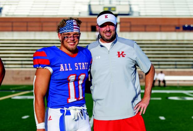 KHS athlete, Parks Ratzlaff, and KHS Coach Brad Hill at the Oklahoma CoachesAssociation All State football game. Rick Hester