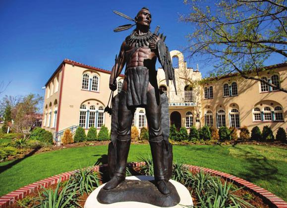 A new “Chickasaw Warrior” statue was recently installed at the Chickasaw Nation Chokka’ Kilimpi’ Recruitment and Retention program building near the University of Oklahoma. Courtesy Photo
