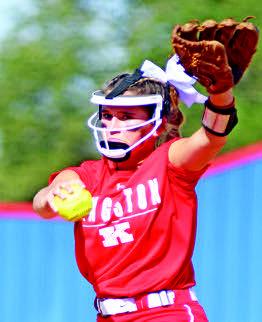 Far left: Brookelyn Mandrigues, Kaylin Dougherty, and Sydney Navarrett go after the ball. Immediate left: Jayda Foster slides into home plate. Below: Jacklyn Merritt and Lanie French play outfield. Right: Sydney Navarrett pitches during the game. Brian Blansett • Lincoln County News