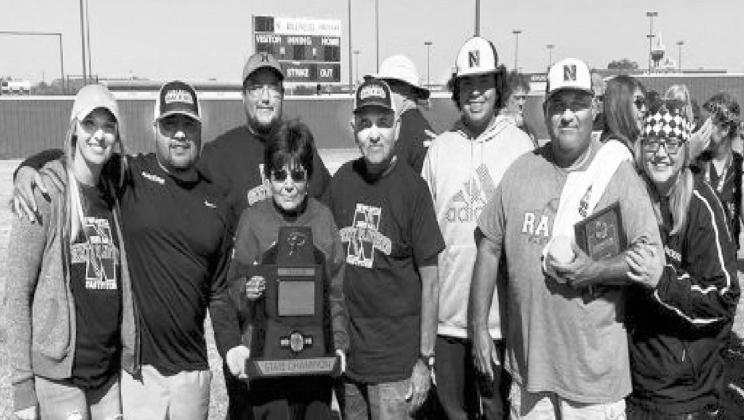 The Crossley clan celebrates a second state championship for Newcastle Head Girls Fast Pitch Softball Coach Mike Crossley, second from right. They include, from left, Ashley Carson, fiancé to son Kyle Crossley; Jordan Crossley, son; Nina Crossley and Lee Crossley, parents: Trey Crossley, nephew, Coach Crossley and his wife, Vickie. Courtesy photo