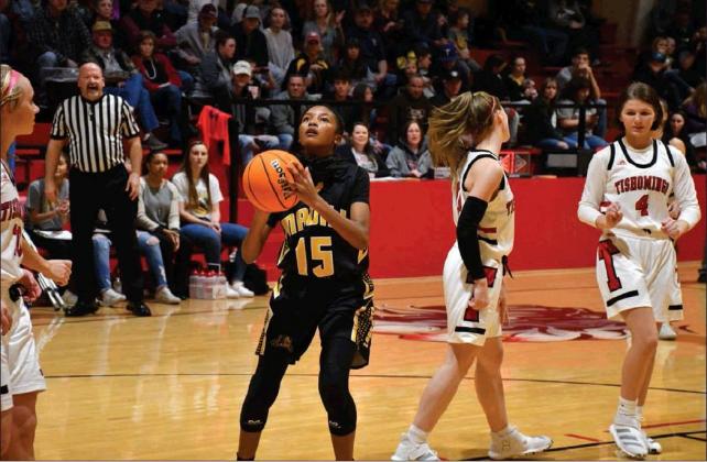 Cristy Estep • For the Madill Record Madill’s Joslyn Stumblingbear takes a free throw during the Lady Wildcats 55-52 overtime victory over the Tishomingo Lady Indians Dec. 13 in Tishomingo. Stumblingbear finished with five
