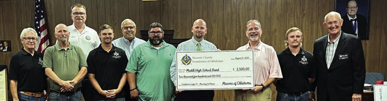 The Masonic Charity Foundation of Oklahoma, along with Creekmore Masonic Lodge #74, donated $2500 to the Madill High School band program. Courtesy photo