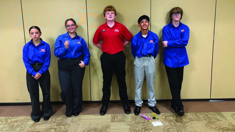 Madill Middle School TSA attended a Leadership Conference and took 2nd place in the Rubber Band Dragster Car Competition. Pictured from left to right: Jolie French, Charlie French, Jase Hawthorne, Diego Perez and Jackson Webb. Courtesy photo