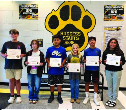 The MMS Septeber Students of the Month are Lorenzo Cienfuegos and Emma Peyrot, 6th grade; Noah Blood and Ema Muñoz-Pérez, 7th grade; Gianna Navarrette and Diego Perez, 8th grade. Courtesy photo