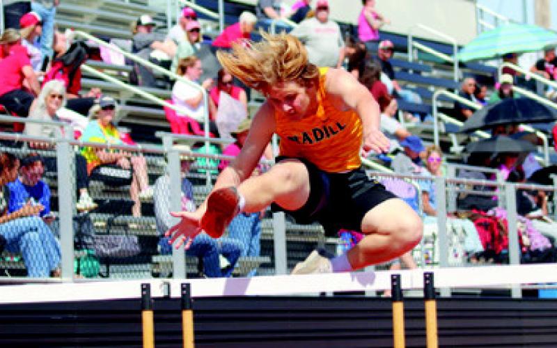 Vincent Aquaviva flies over the hurdles at the track meet. Courtesy photo