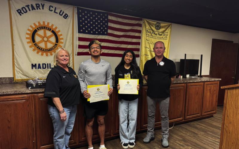 The MMS Students of the Month were Amelia Vaughn and Ayden Kirtley, 6th grade; Britney Orta and Jayden Hernandez Trevino, 7th grade; Valeria Barrientos and Kamden Martin, 8th grade.The Madill Rotary Club Studentsof the Month were Aroddy Camacho and Himani Patel. Courtesy photos