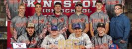 Grant Gill, middle left and Rhett Coble, middle right are both seniors at Kingston High School. They both signed to play shooting sports at Murray State College. Their team is posing with them. Courtesy photo