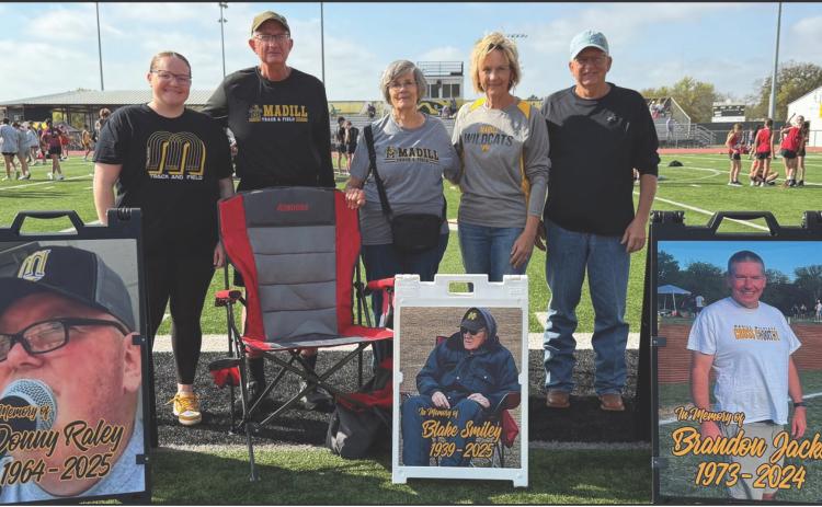 The Madill track team honored three icons that they have lost recently. Brandon 'Mr. Wildcat' Jacks passed away in December 2024, Donny 'The Voice of the Wildcats' Raley passed in August 2025 and Coach Blake Smiley in September 2025. All three of these people were huge supporters of the Madill schools and sports. Courtesy photos