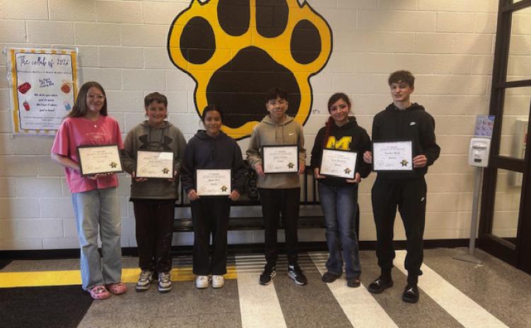 The MMS Students of the Month were Amelia Vaughn and Ayden Kirtley, 6th grade; Britney Orta and Jayden Hernandez Trevino, 7th grade; Valeria Barrientos and Kamden Martin, 8th grade.The Madill Rotary Club Studentsof the Month were Aroddy Camacho and Himani Patel. Courtesy photos
